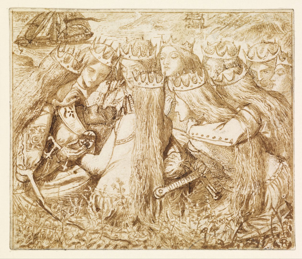 Conception graphique pour « Tennyson » de Moxon – Le roi Arthur et les reines en larmes - Dante Gabriel Rossetti