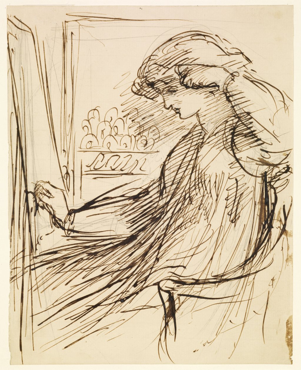 Femme assise devant un cadre ou un chevalet de broderie - Dante Gabriel Rossetti