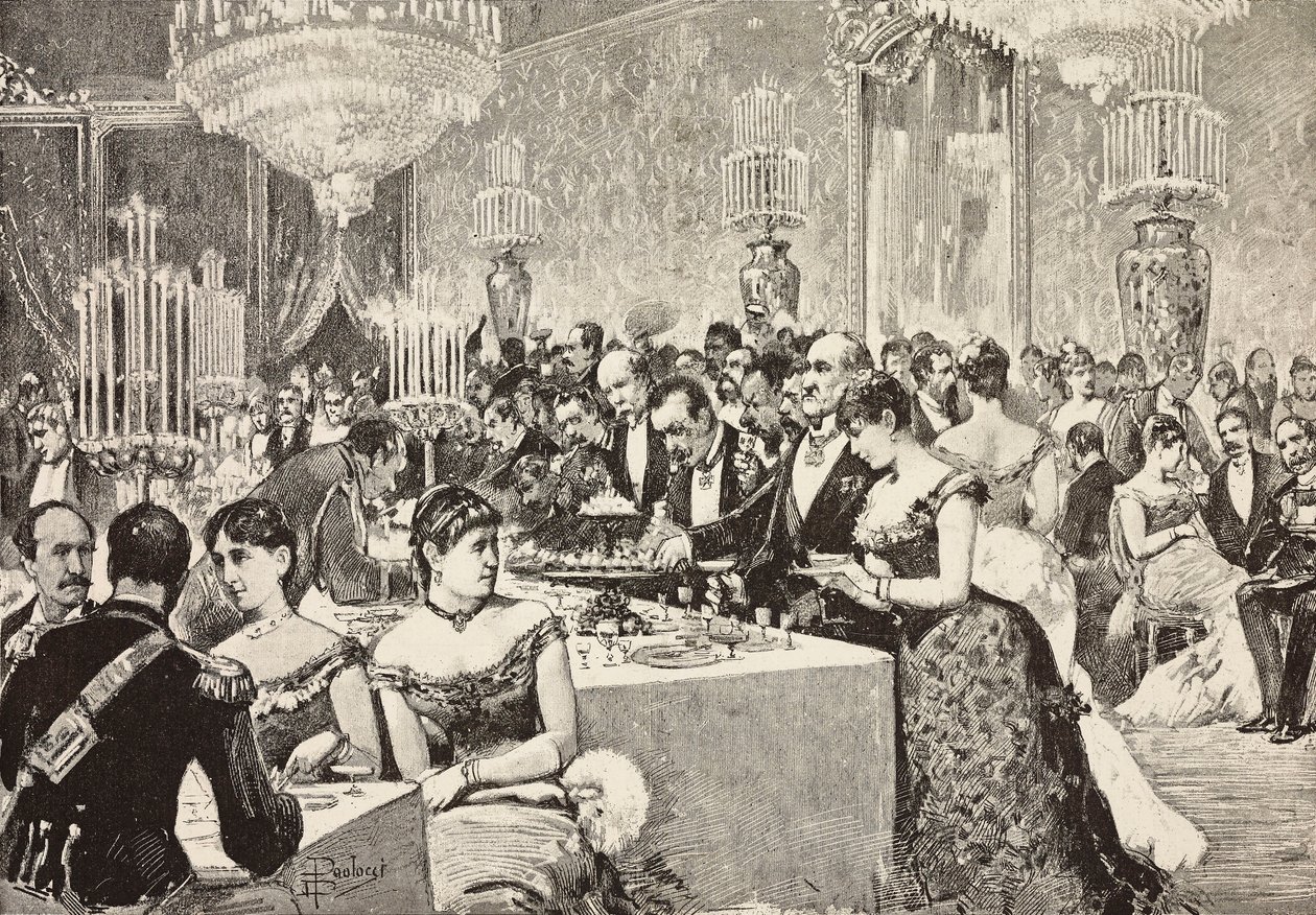 Salle du buffet, bal de la cour au Quirinal, Rome, Italie, gravure d