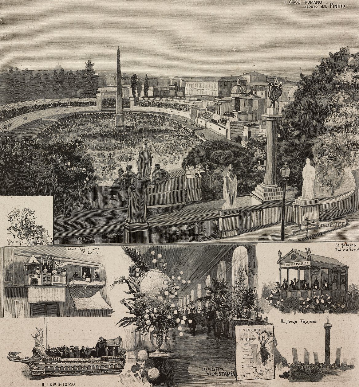 Festival de carnaval sur la Piazza del Popolo vu de la colline du Pincio, Rome, Italie, gravure d