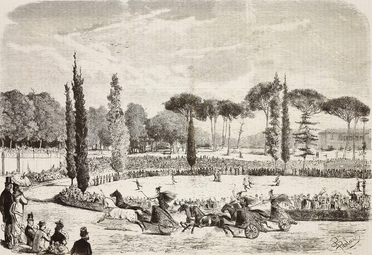 Courses de chars à la Villa Borghese, Rome, Italie, gravure d