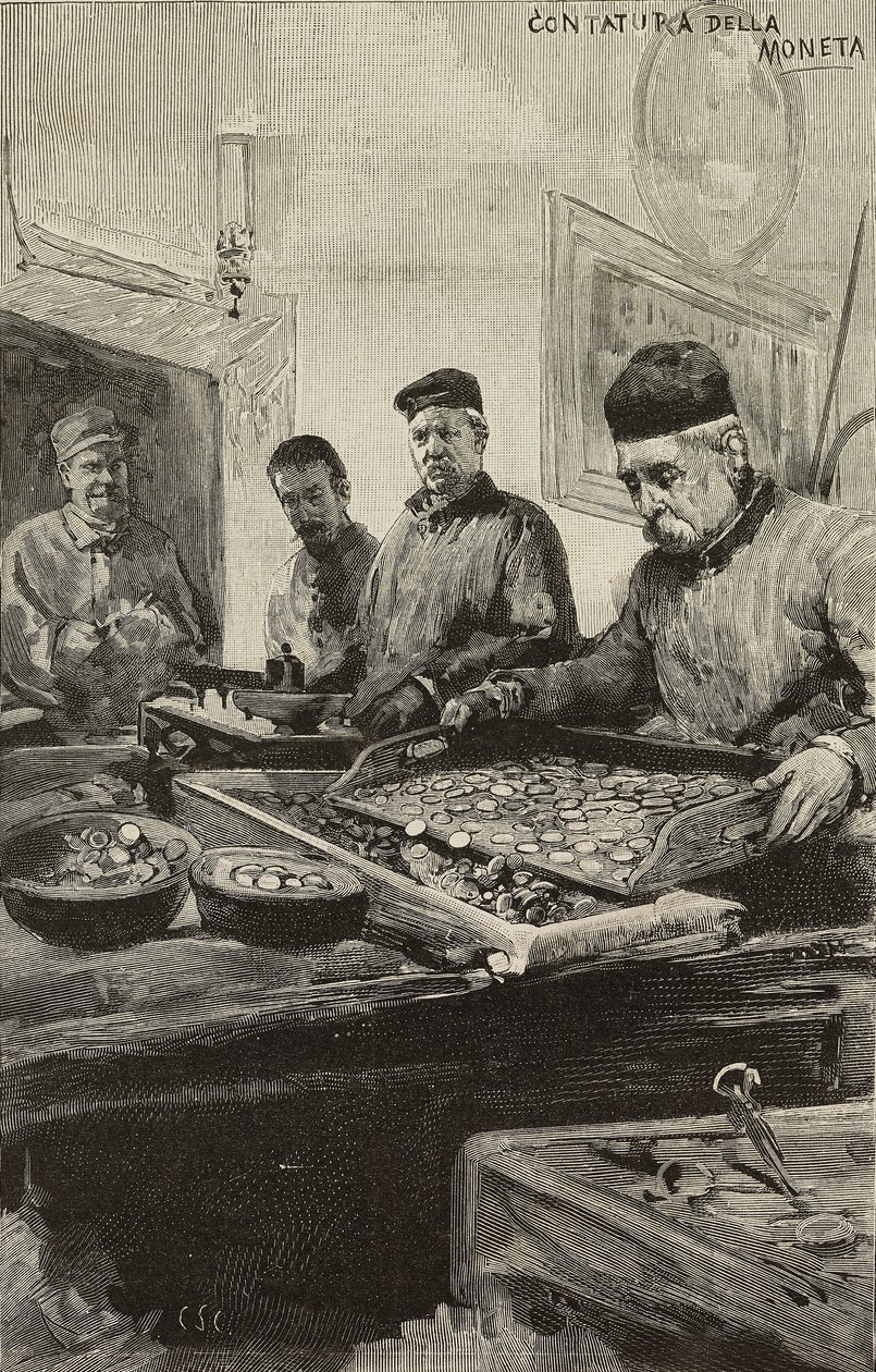 Comptage des pièces dans la monnaie de Rome, Italie, gravure d
