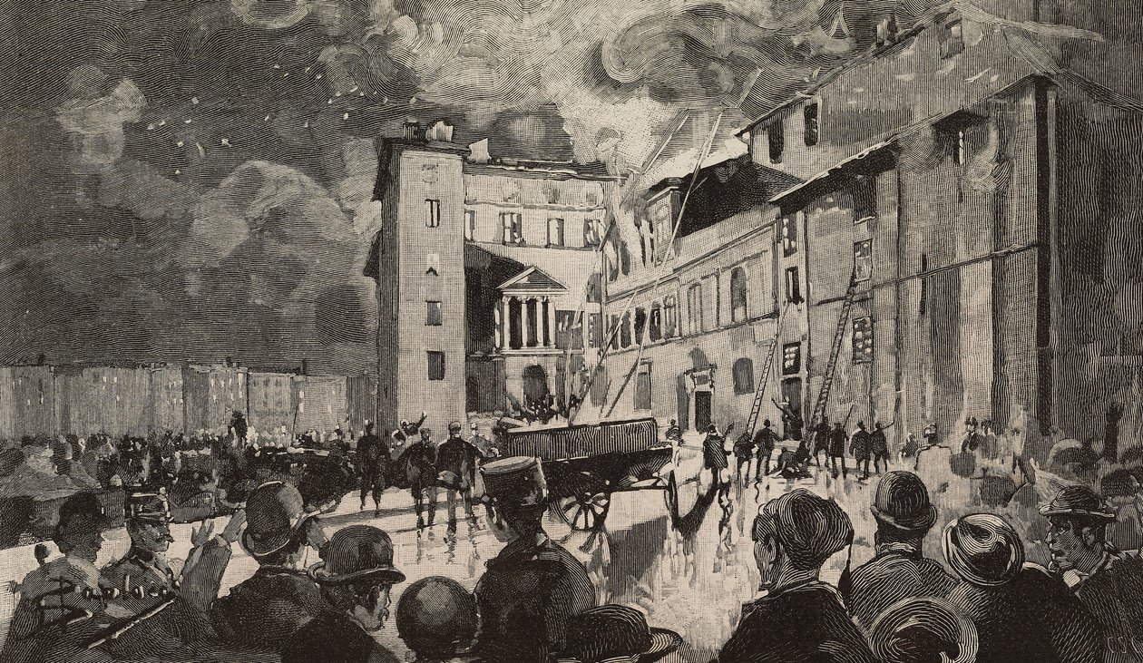 Incendie des écoles israéliennes de 1893, Rome, Italie, gravure d
