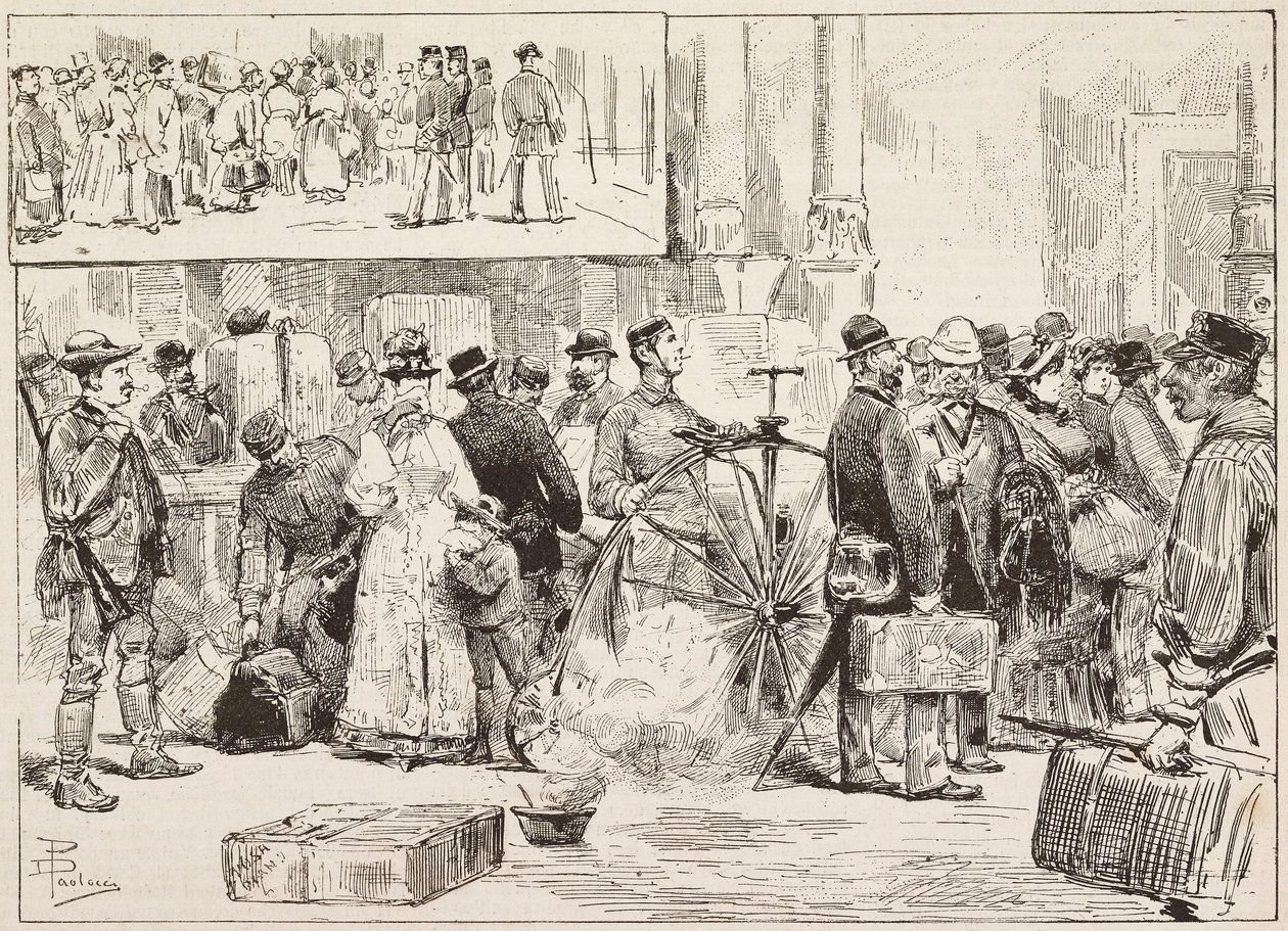 Fumigation contre le choléra à la gare, apprenti sur vélocipède, Rome, Italie, gravure d