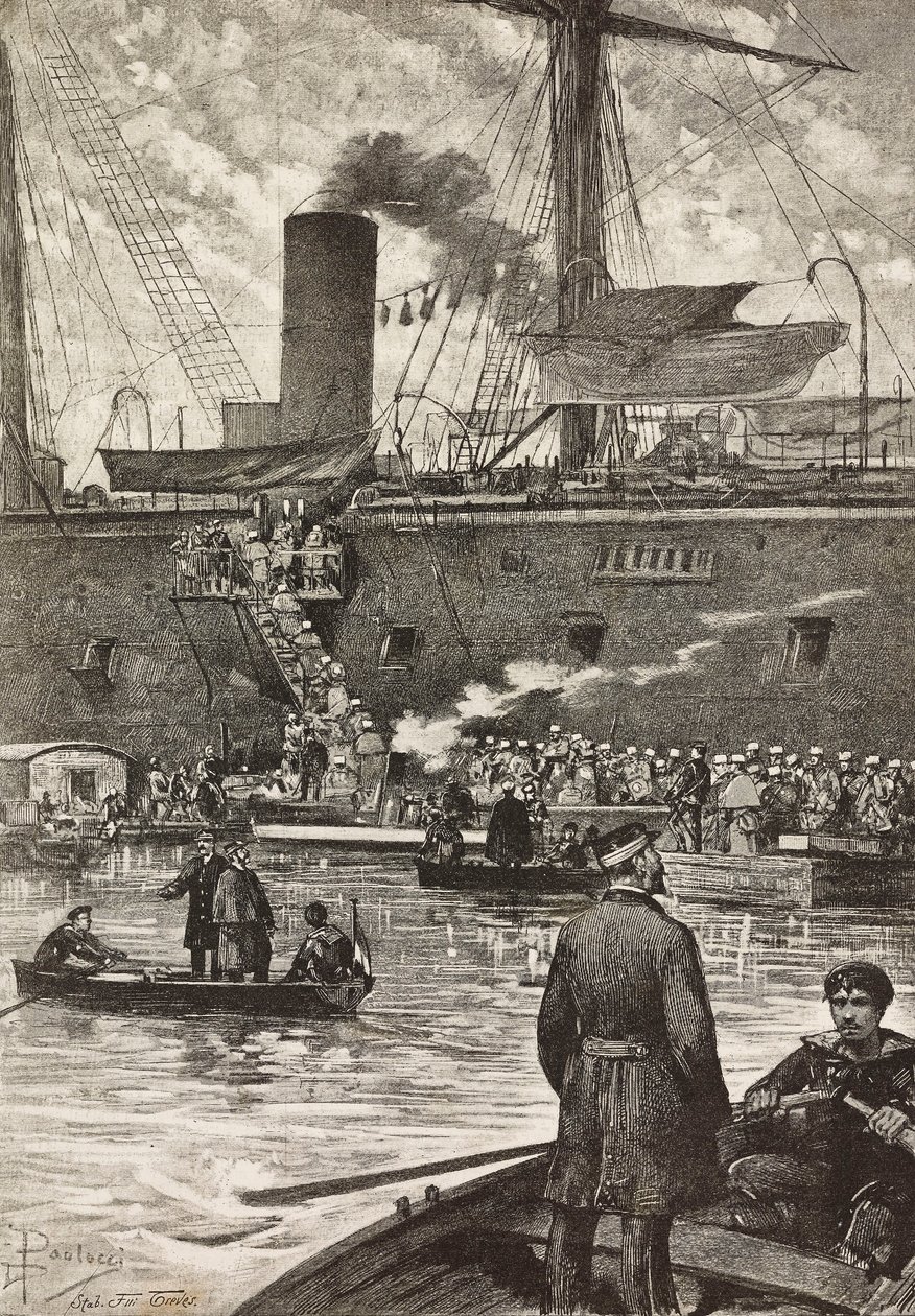 Soldats italiens embarquant sur le cuirassé Principe Amedeo, expédition italienne en mer Rouge, Naples, Italie, gravure d