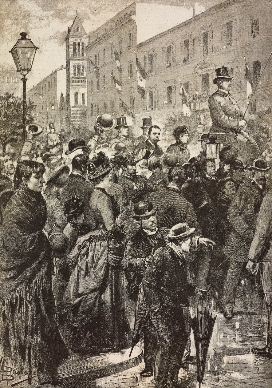 Le roi Umberto I et la reine Margherita revenant de leur visite à Naples frappée par le choléra, Rome, Italie, gravure d