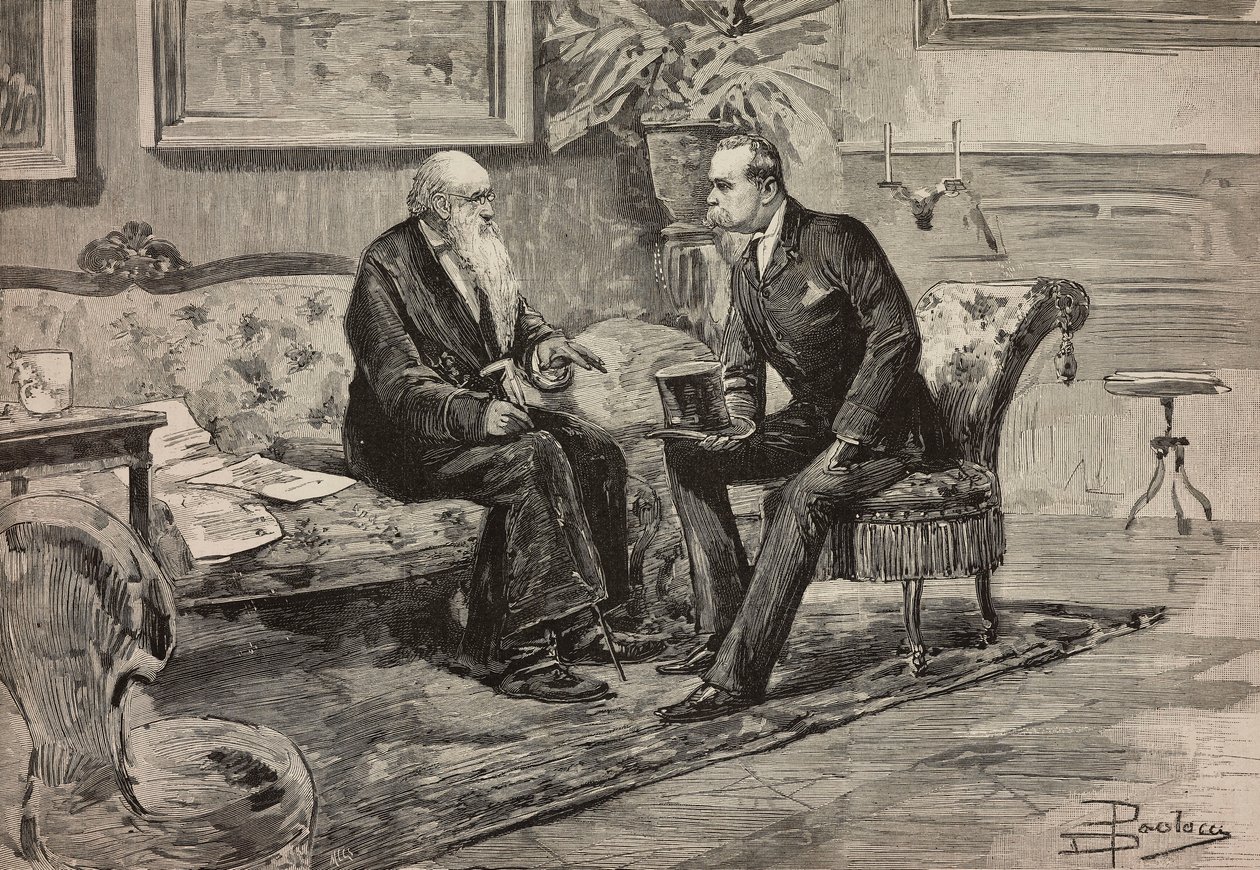 Le roi Umberto Ier de Savoie (1844-1900) et le président du conseil Agostino de Pretis (1813-1887), gravure d