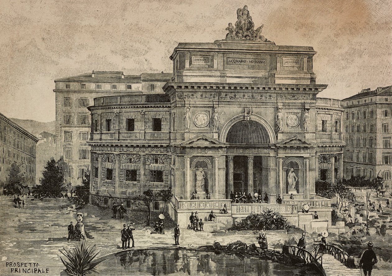 Grand aquarium sur la Piazza Manfredo Fanti inauguré le 29 janvier, Rome, Italie, gravure de G Gamberoni d