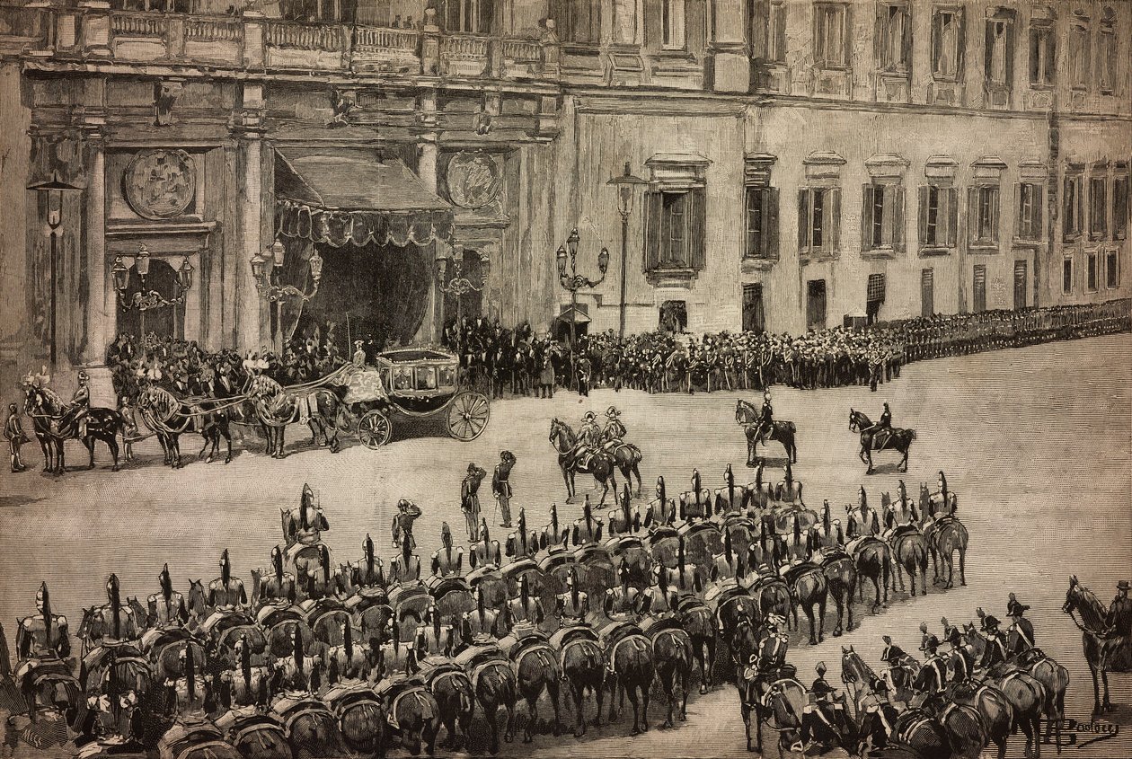 Ouverture du Parlement, arrivée du roi Umberto I à Montecitorio, Rome, Italie, gravure d