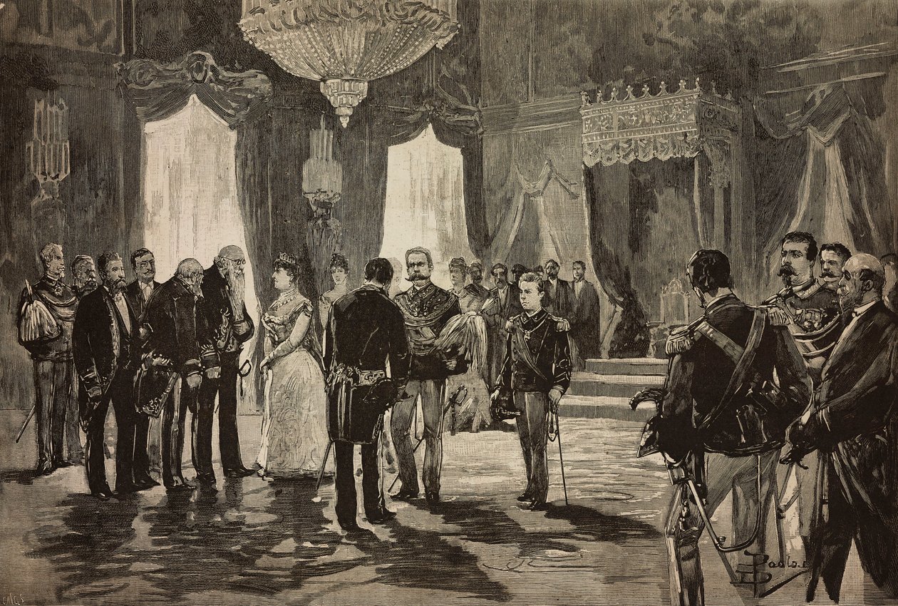 Prince de Naples, Alfonso Maria Giuseppe Alberto de Bourbon-Deux-Siciles en uniforme de sous-lieutenant, à la réception du Nouvel An au Quirinal, Italie, gravure d