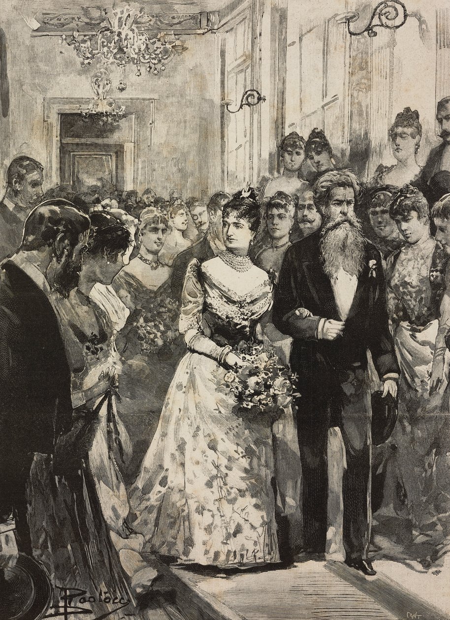 Reine Marguerite de Savoie à la fête du Club Artistique (Circolo Artistico) de Rome, accompagnée du sculpteur Giulio Monteverde, Italie, gravure d