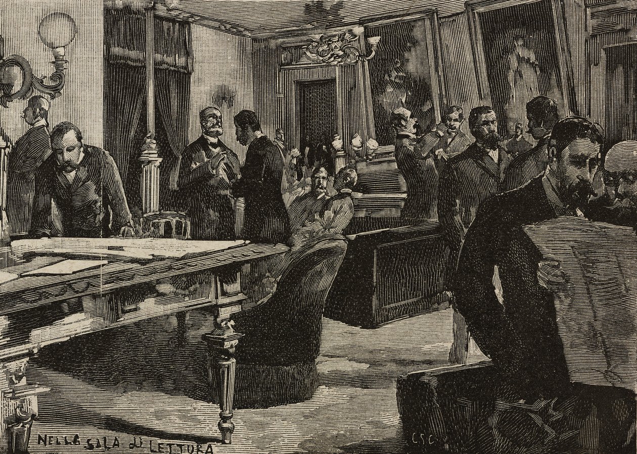 Salle de lecture au Palazzo Montecitorio, Rome, Italie, gravure d