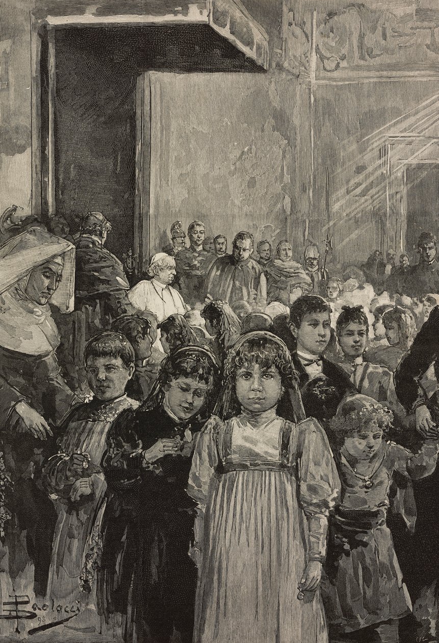 Réception des enfants aux célébrations du jubilé du Pape Léon XIII, Vatican, gravure d