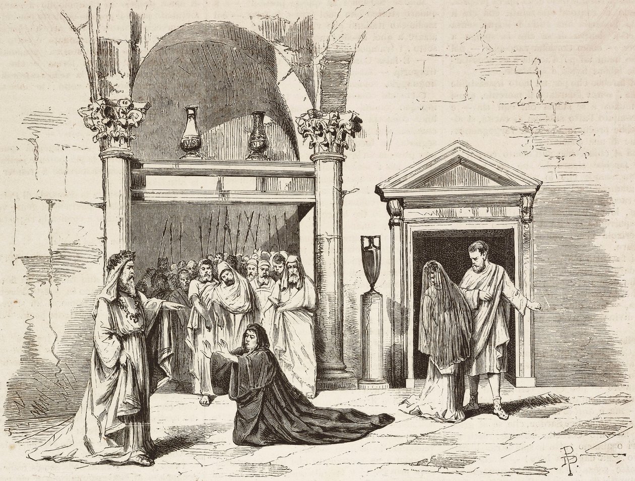 Cabinet du Souverain Pontife dans le palais, Postumia suppliant Fabio Massimo, Rome Vaincue par Alexandre Parodi, Acte V, gravure de Dante Paolocci d