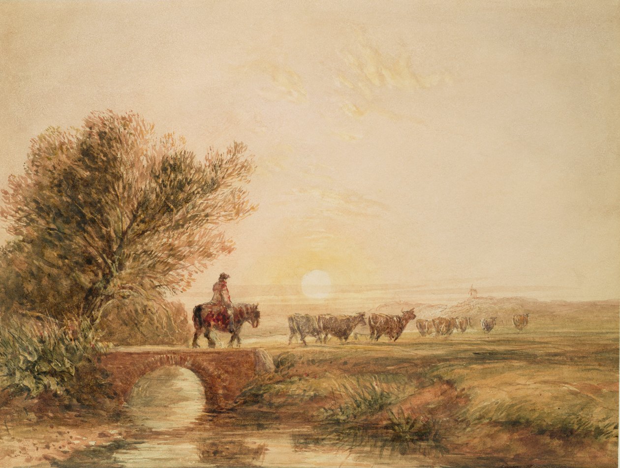 Un conducteur monté avec du bétail traversant un pont au coucher du soleil - David Cox