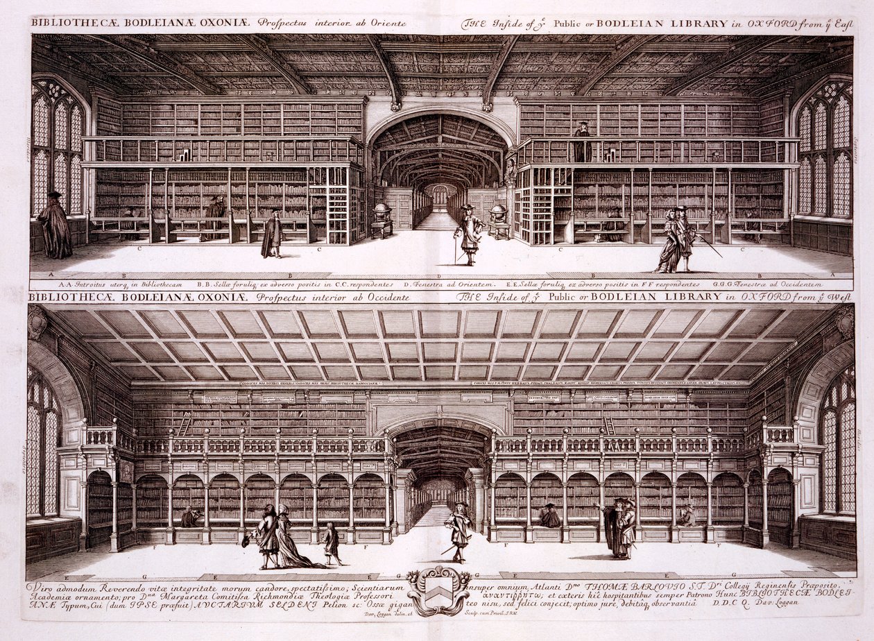 Intérieur de la bibliothèque Bodleian, Oxford, de Oxonia Illustrata - David Loggan
