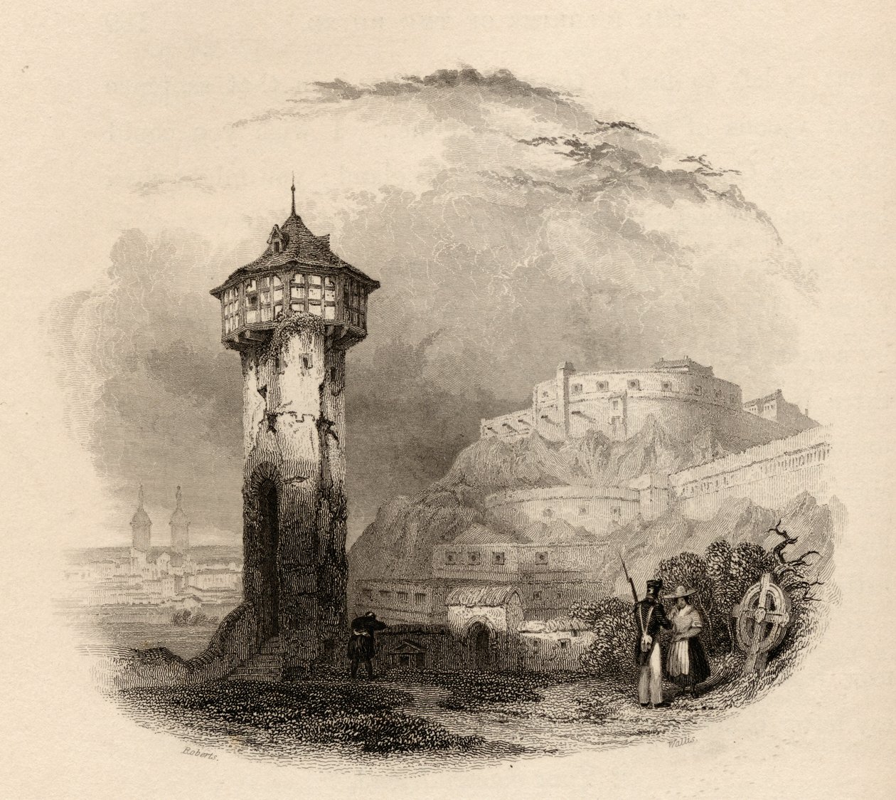 La tour romaine à Thal, Ehrenbreitstein, gravée par Wallis, illustration de 