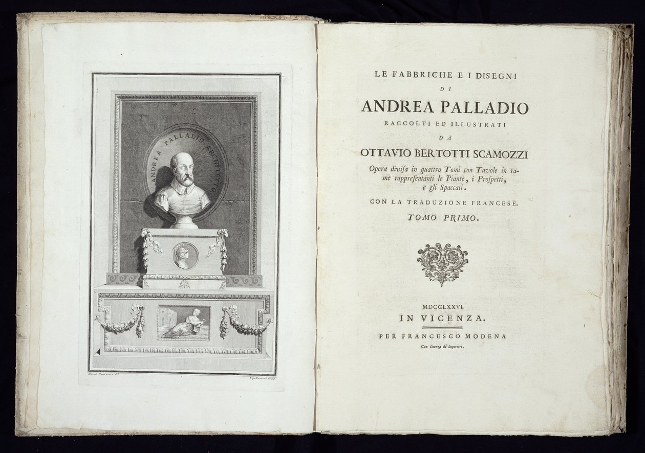 Page de titre de Le Fabbriche e i Disegni di Andrea Palladio avec un portrait de l