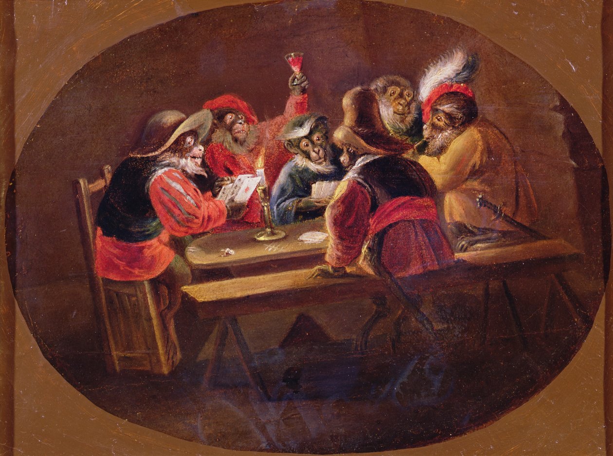 Singes habillés en soldats jouant aux cartes et festoyant - David Teniers the Younger