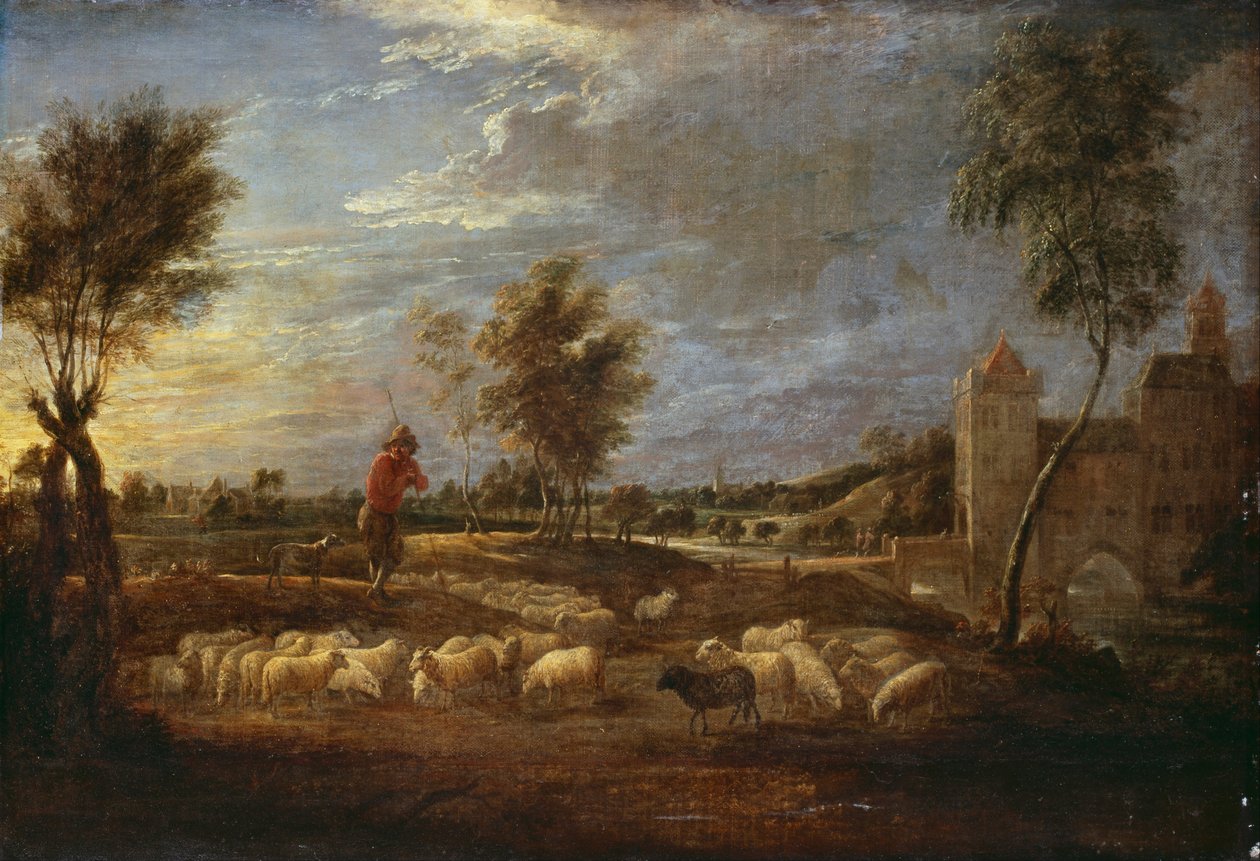 Paysage au coucher du soleil avec un berger et son troupeau - David Teniers the Younger