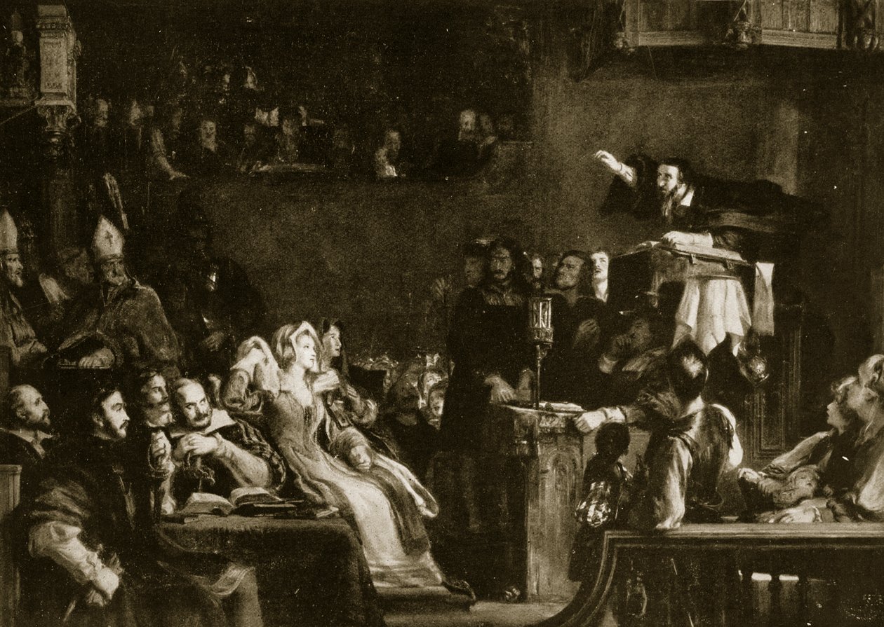 John Knox prêchant devant les Seigneurs de la Congrégation dans la Cathédrale de St. Andrews, 1559, illustration de 