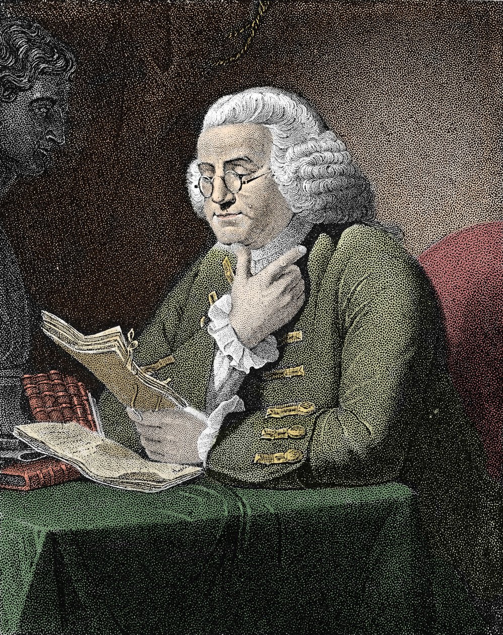 Portrait de Benjamin Franklin (1706-1790), philosophe, physicien et ambassadeur américain. Gravure d