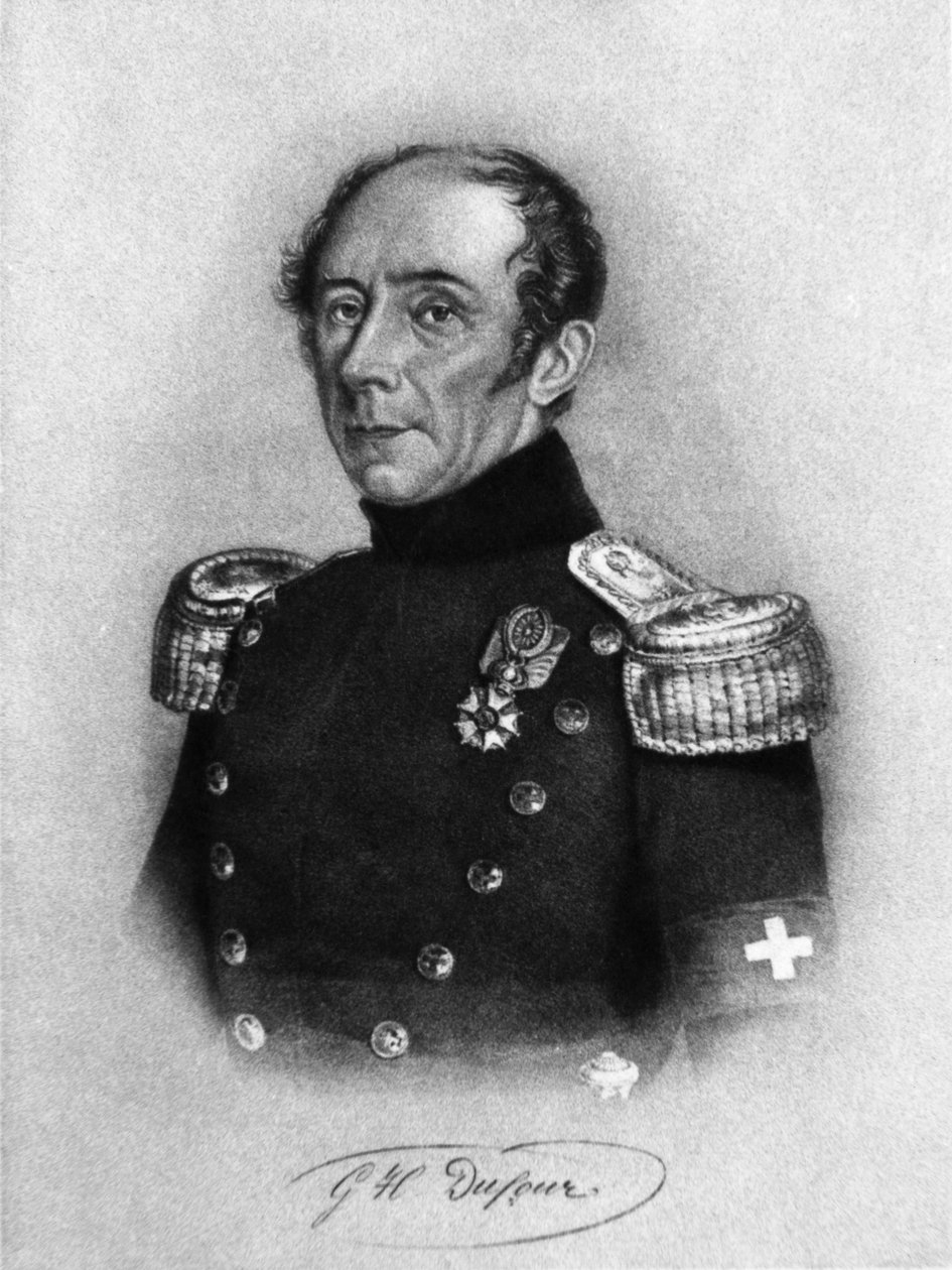 Portrait de Guillaume-Henri Dufour (1787-1875), général suisse, ingénieur, topographe et cofondateur du Comité international de la Croix-Rouge, gravure d