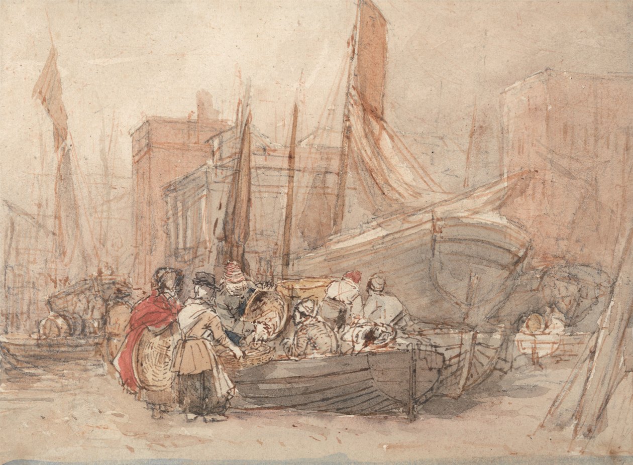 Scène de port avec des bateaux de pêche en cours de déchargement - David Cox