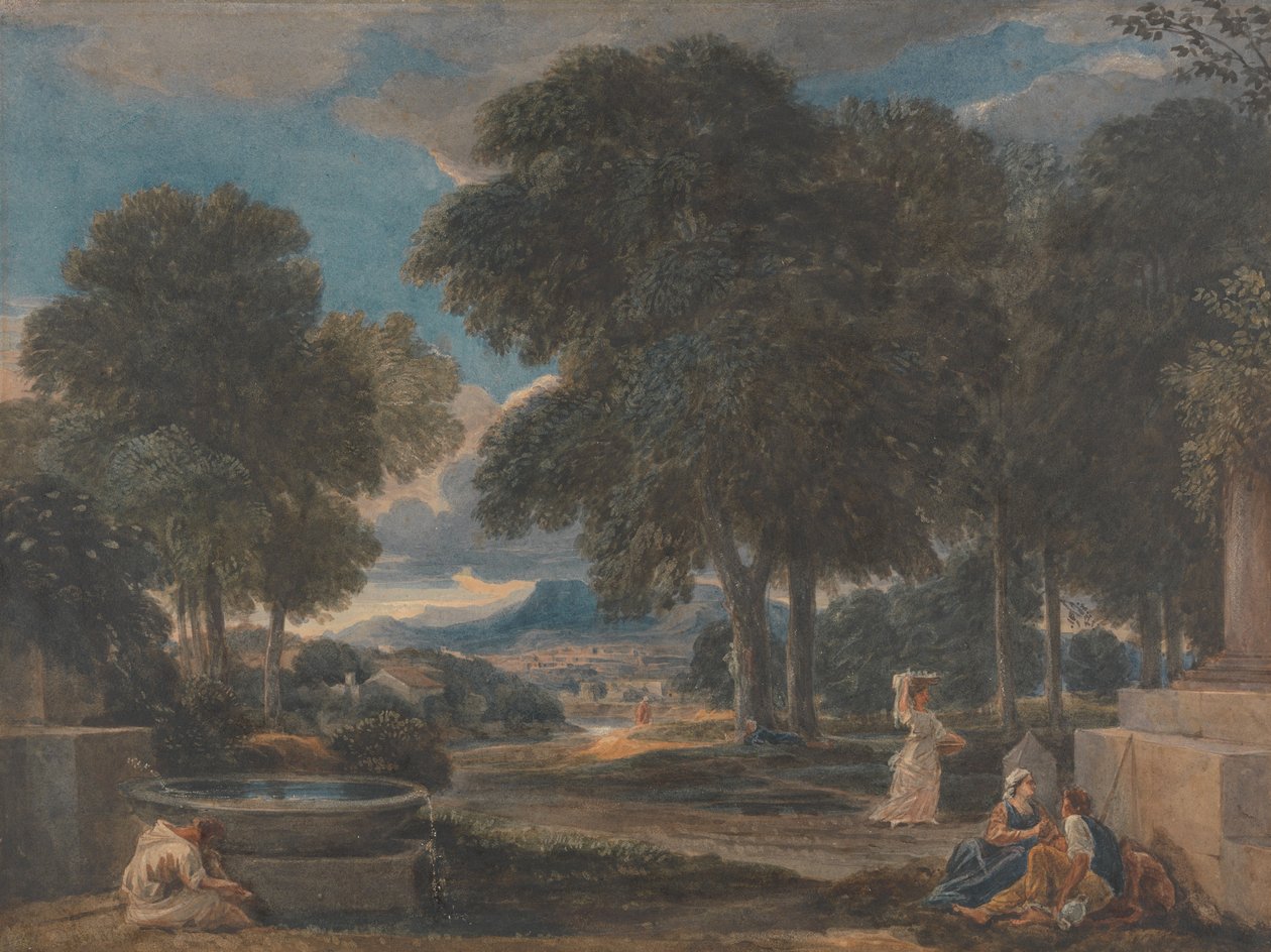 Paysage avec un homme se lavant les pieds à une fontaine, d
