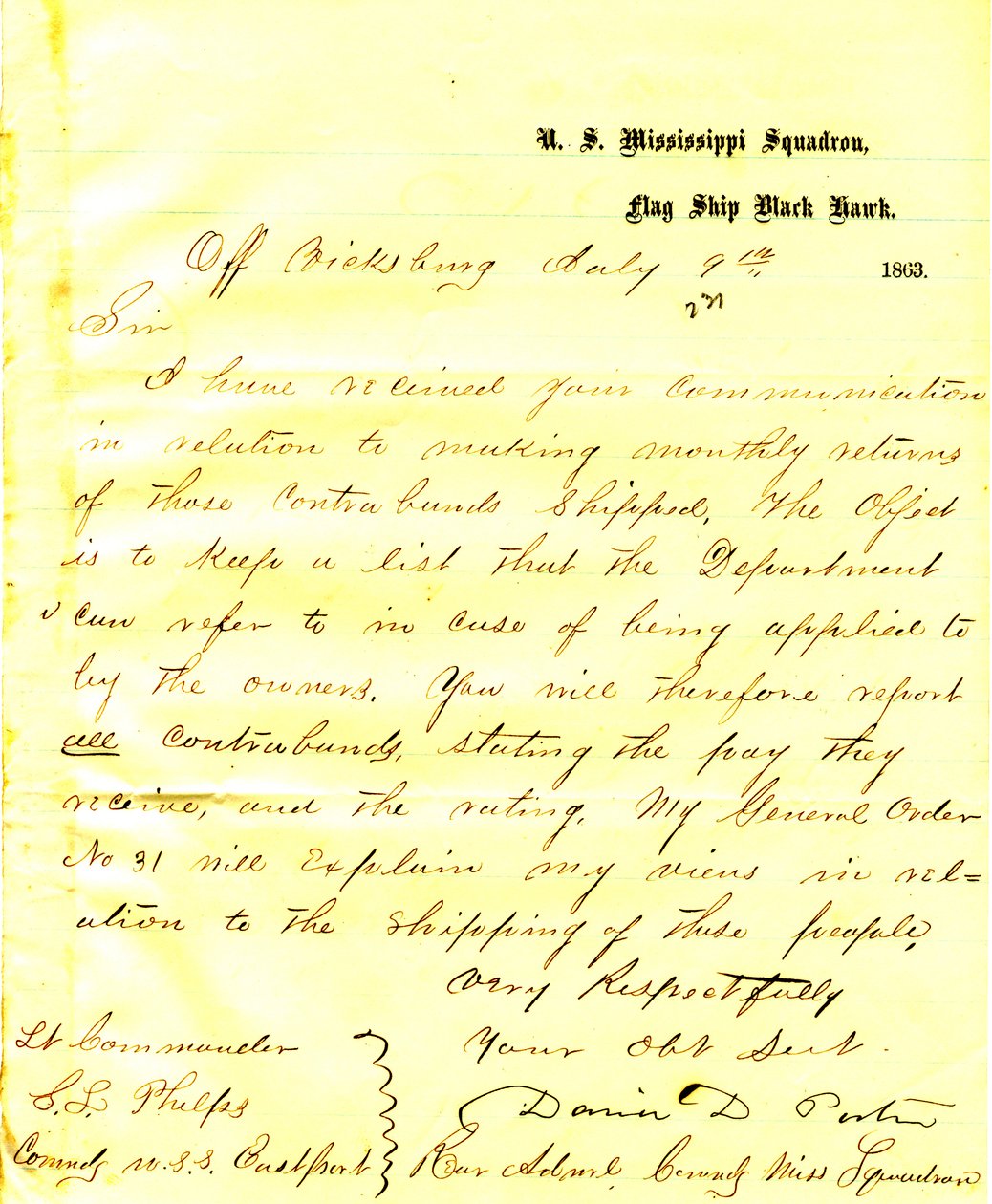 Lettre de David D. Porter, U. S. S. Black Hawk, au large de Vicksburg, à Seth Ledyard Phelps, commandant de l