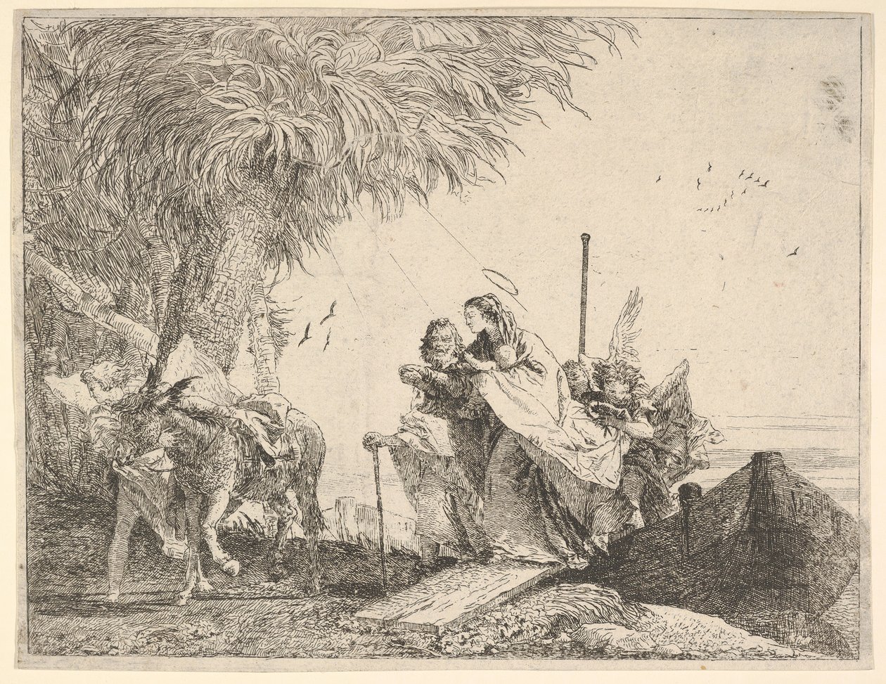Marie, aidée par Joseph et un ange, descendant d