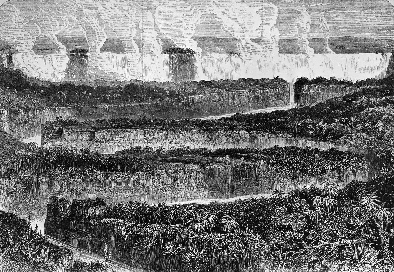 Vue des grandes cataractes du Zambèze, connues sous le nom de Mosi-oa-Tunya ou Chutes Victoria, Zambie, gravure du Récit de l
