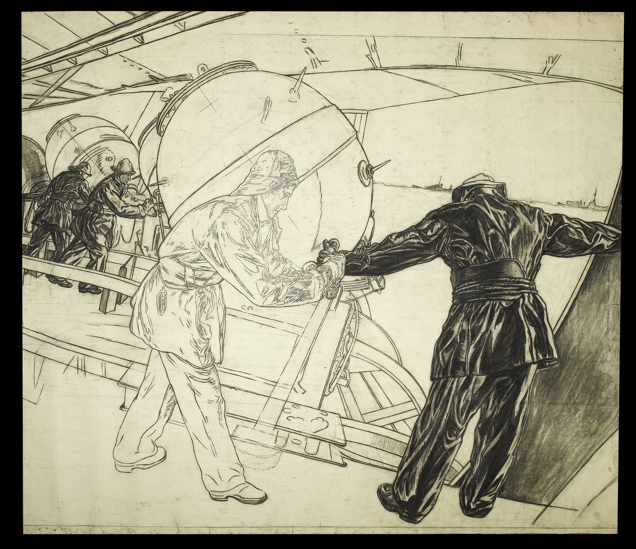 Dessin grandeur nature pour Winter Mine-Laying off Iceland, vers 1942 - David Muirhead Bone