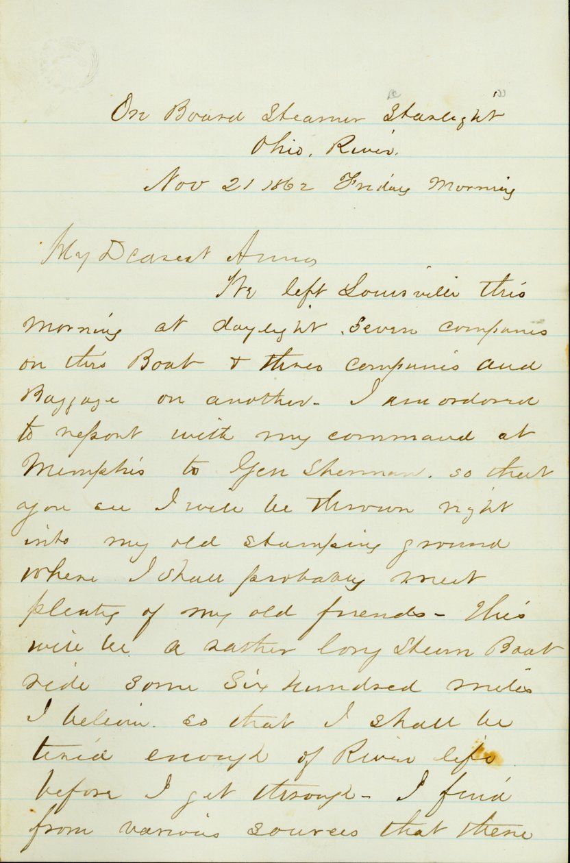Lettre de D. P. Grier, à bord du Steamer Starlight, Ohio River, à Anna McKinney, 21 novembre 1862 - David Perkins Grier