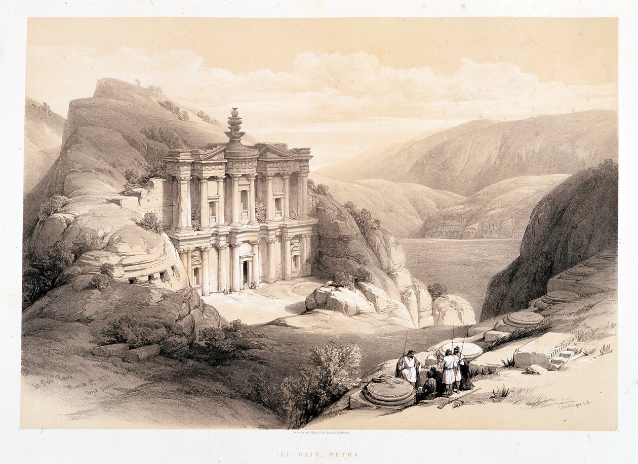 El Deir, Pétra, dessin réalisé le 08/03/1839 dans « La Terre Sainte », Londres-1849 - David Roberts