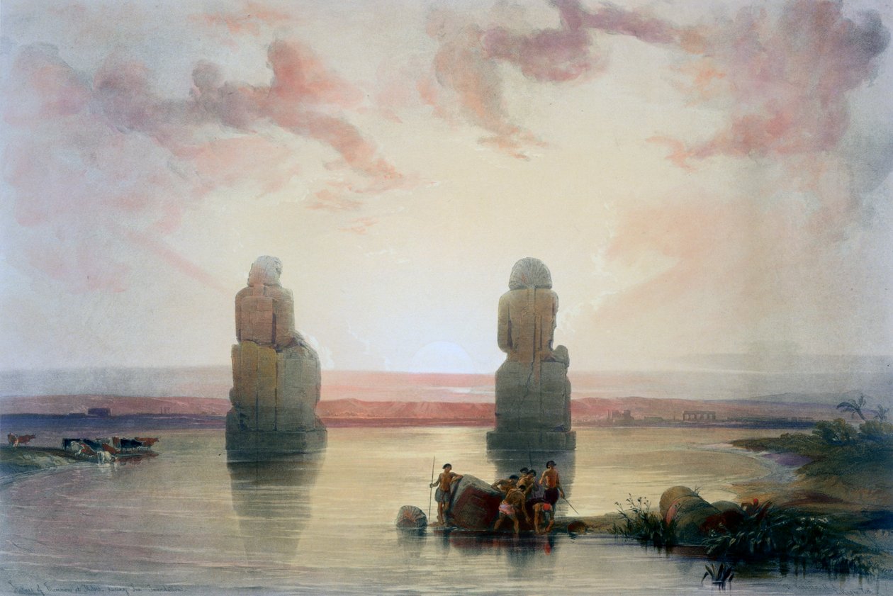 Les Colosses de Memnon, à Thèbes, pendant l