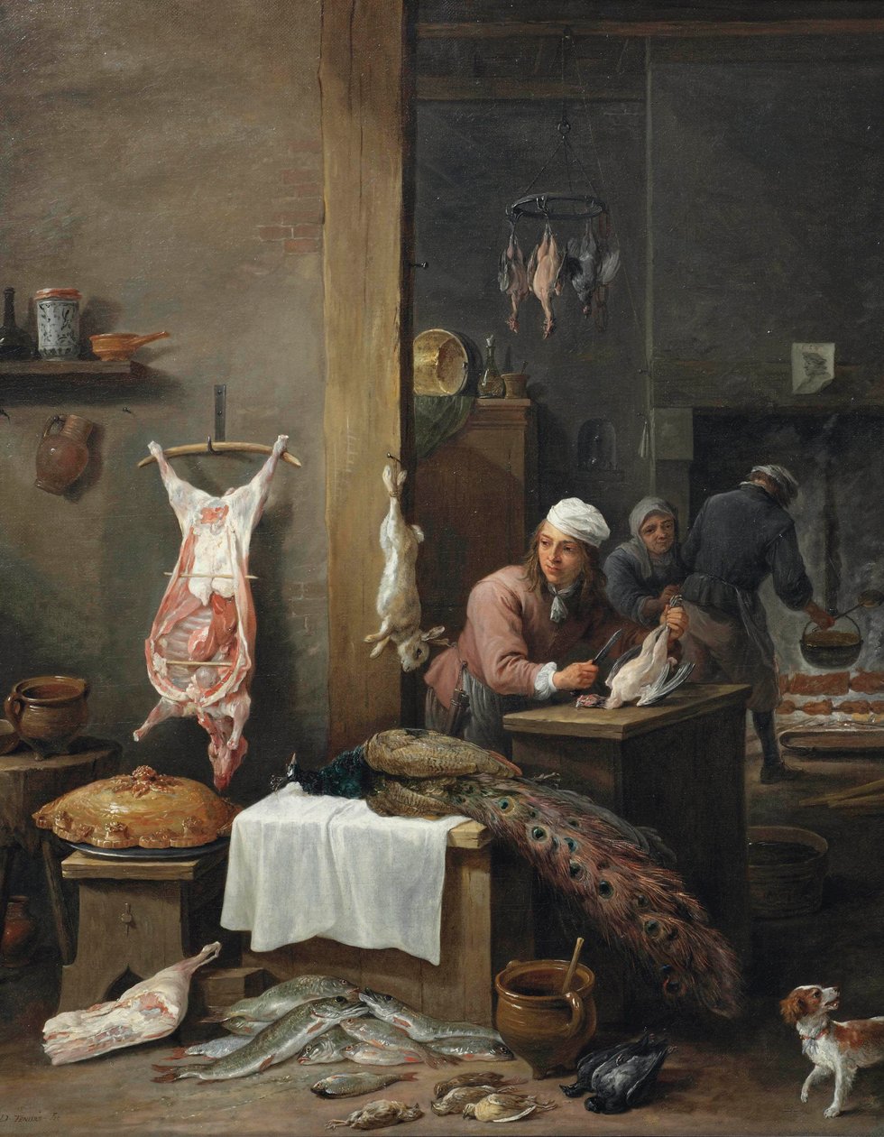 Intérieur de cuisine avec un cuisinier préparant du gibier à une table (Le Cuisinier Flamand) - David Teniers the Younger