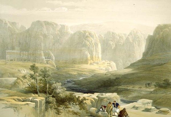 Petra regardant vers le sud, 9 mars 1839, planche 106 du Volume III de La Terre Sainte, gravé par Louis Haghe (1806-85) pub. 1849 - David after Roberts