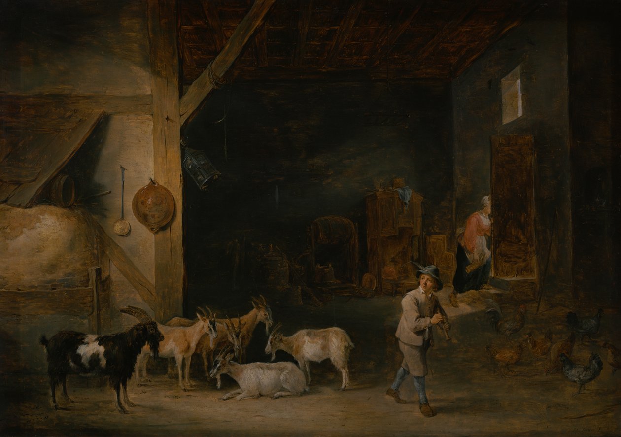 Grange avec des chèvres et un garçon jouant de la flûte, c.1640-45 - David Teniers the Younger