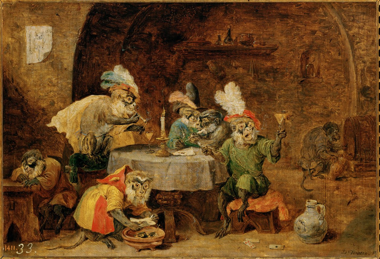 Des singes qui boivent et qui fument ... - David the Younger Teniers