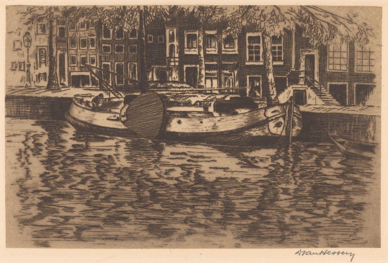 Canal avec bateau à voile amarré - David van Hessen (signed by artist)