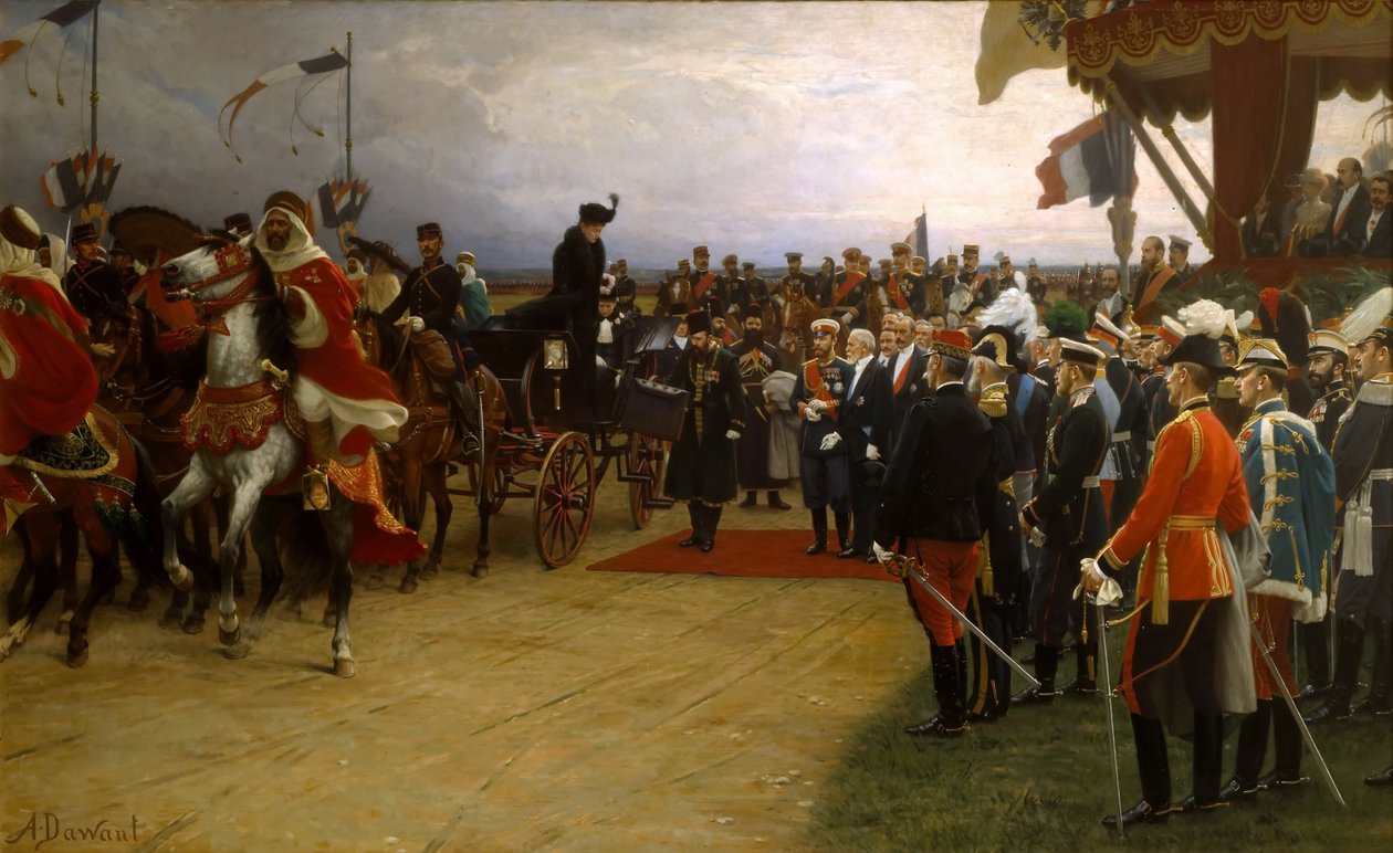 Le président Émile Loubet accueillant le tsar Nicolas II et la tsarine Alexandra aux manœuvres à Bétheny - Dawant