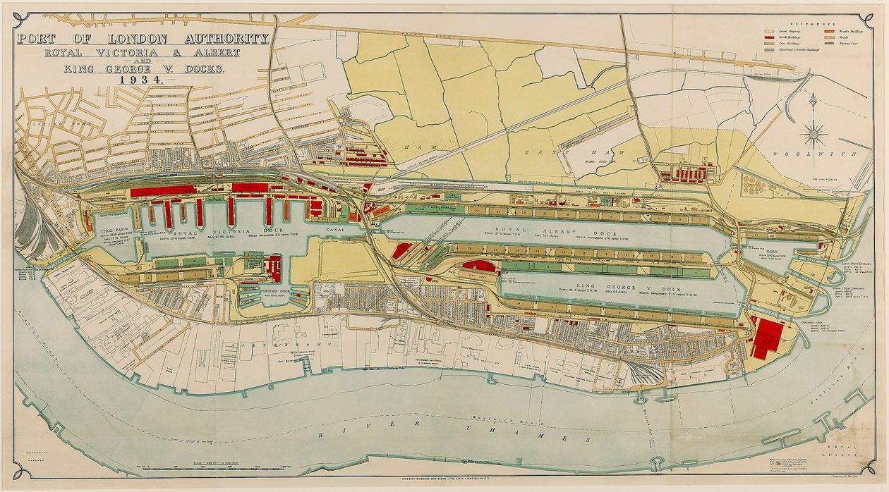 Royal Victoria et Albert et King George V Docks 1934, vers 1934 (impression) - Day & Son Vincent Brooks
