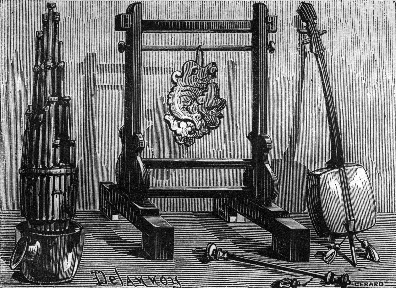 Instruments de musique chinois : orgue, pierre sonore et violon. - Delannoy Delannoy
