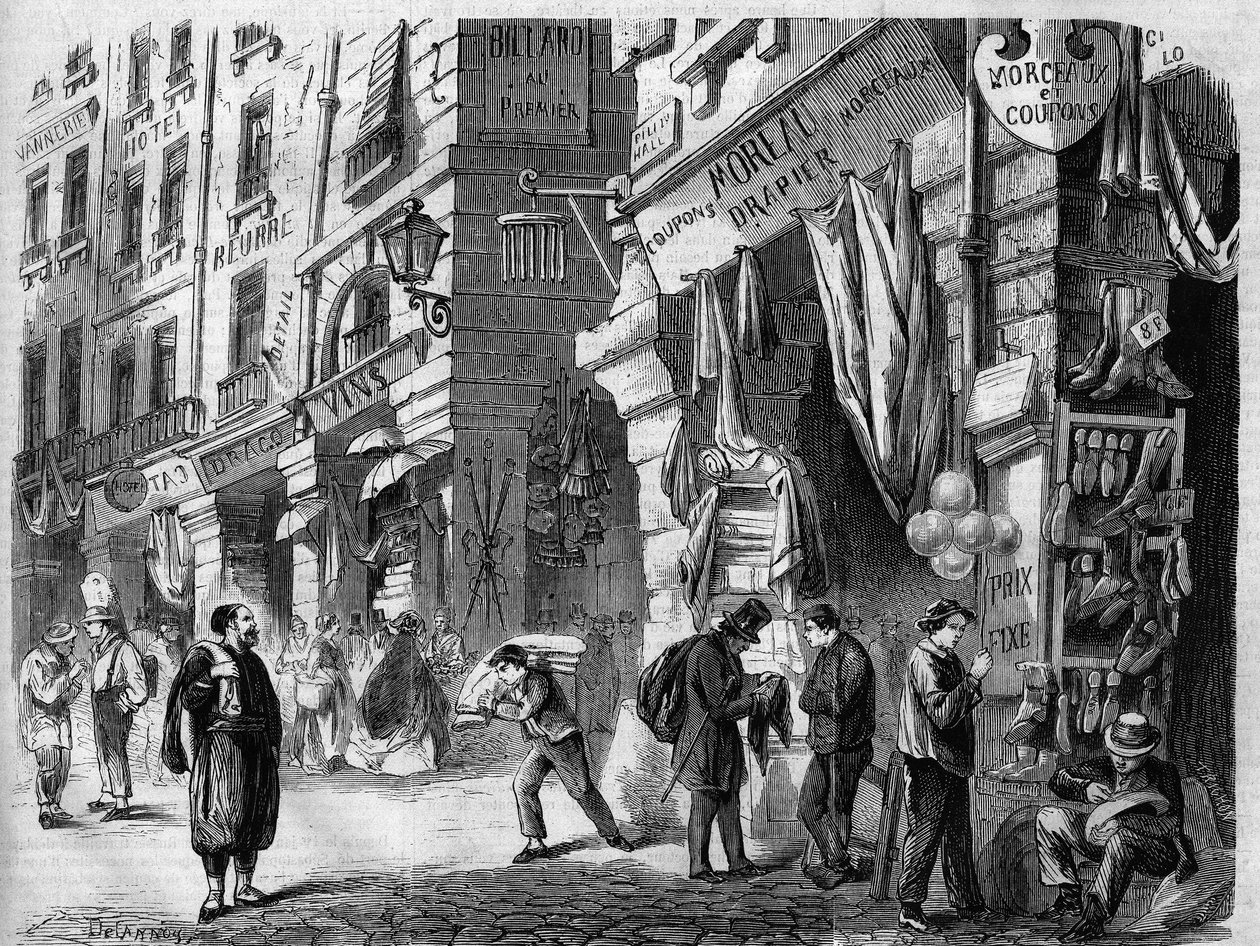 Paris, vue des galeries couvertes au rez-de-chaussée des maisons de la rue de la Tonnellerie, également appelées les piliers des Halles, gravure d