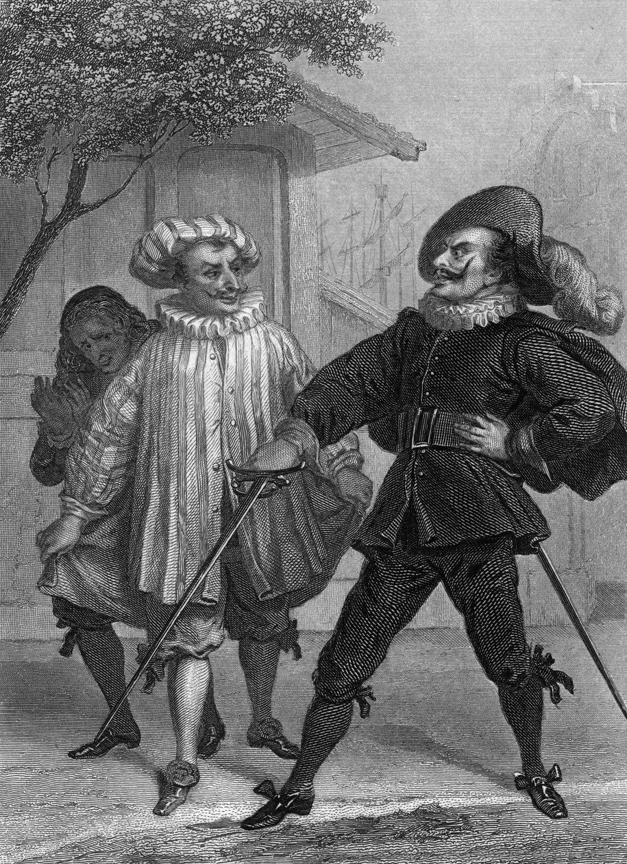 Jouer les manigances de Scapin de Molière : Argante, Scapin et Sylvestre, gravure de Delannoy d