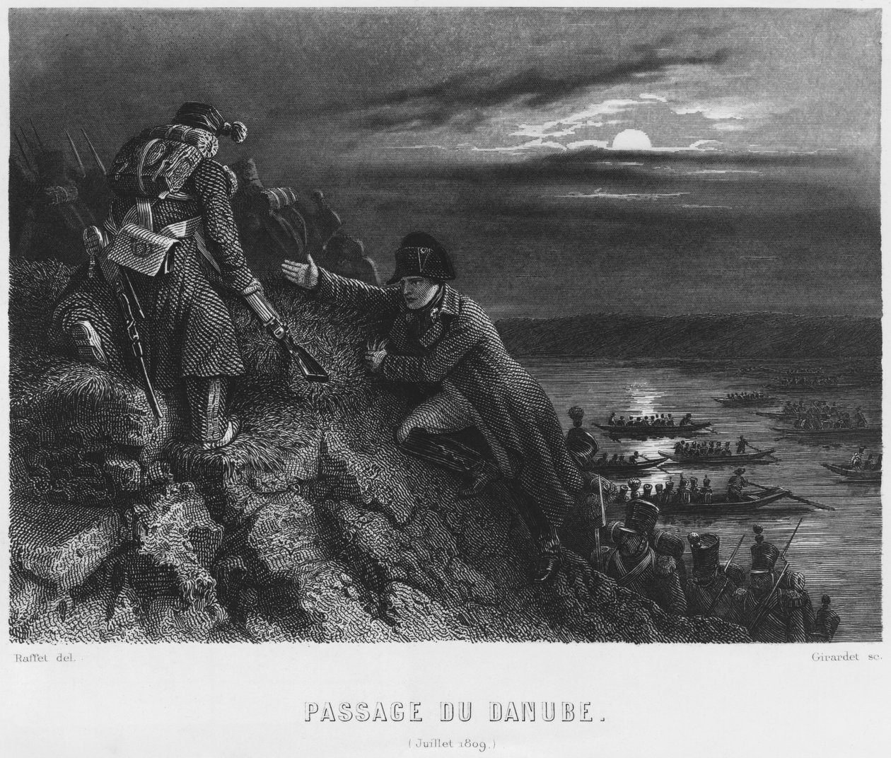 Napoléon Ier Bonaparte (1769-1821) traversant le Danube dans la nuit du 4 juillet 1809, gravé par Abraham Girardet (1764-1823) - Denis Auguste Marie Raffet