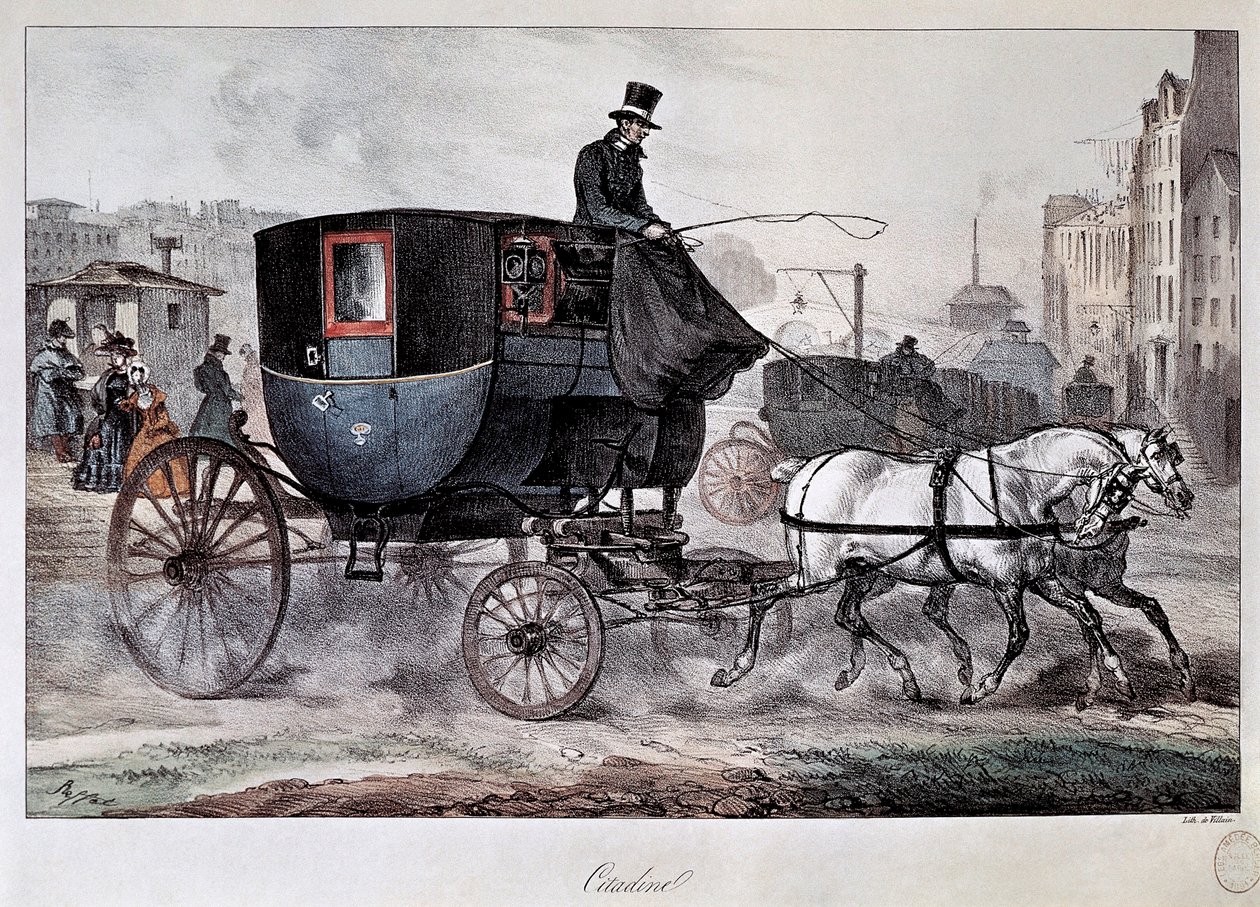 Transport public au XIXe siècle : un fiacre dans les rues de Paris (gravure en couleur) - Denis Auguste Marie Raffet