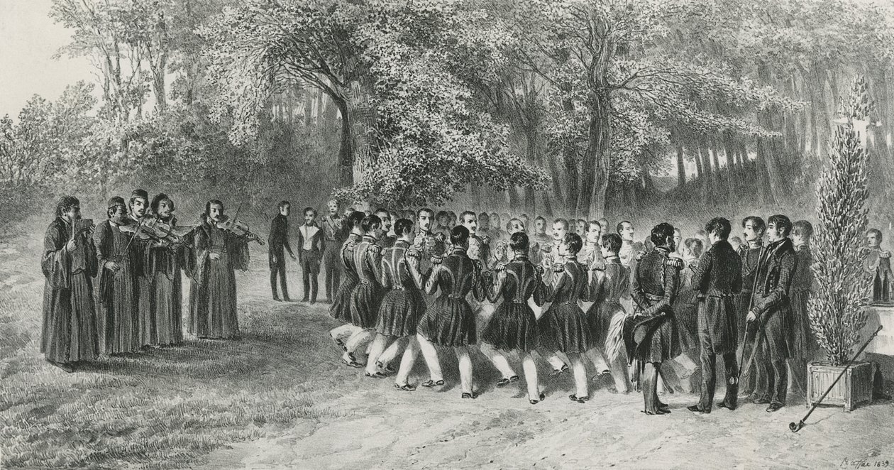 Ronde valaque, exécutée par les Tsiganes et dansée par les musiciens du deuxième régiment chez le prince Ghika, Ghospodar, Valachie, 1839 - Denis Auguste Marie Raffet