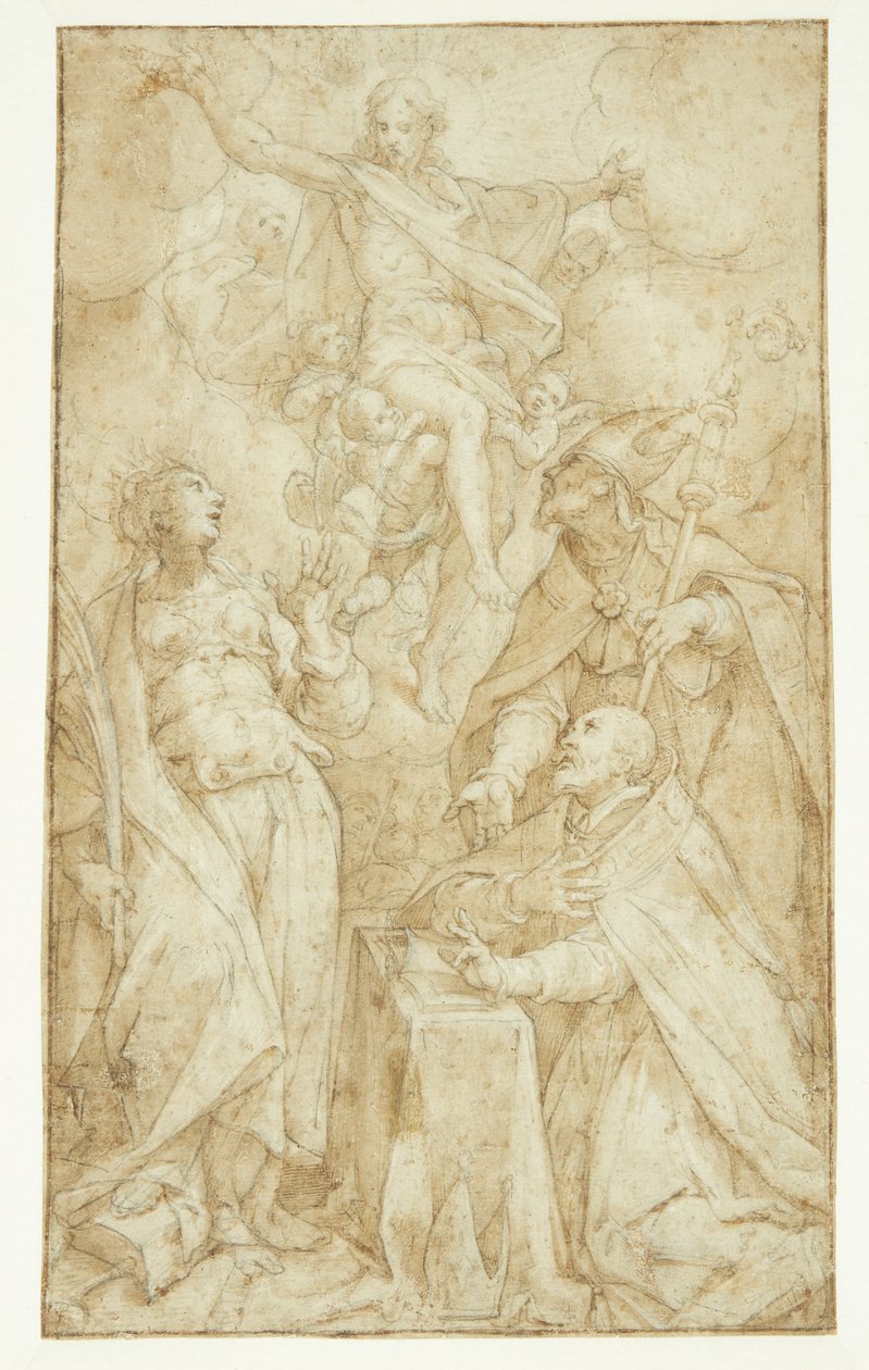 Christ dans les nuages, porté par des anges, apparaissant à un évêque à un pupitre de lecture, un évêque saint (Saint Augustin ?) et Catherine d